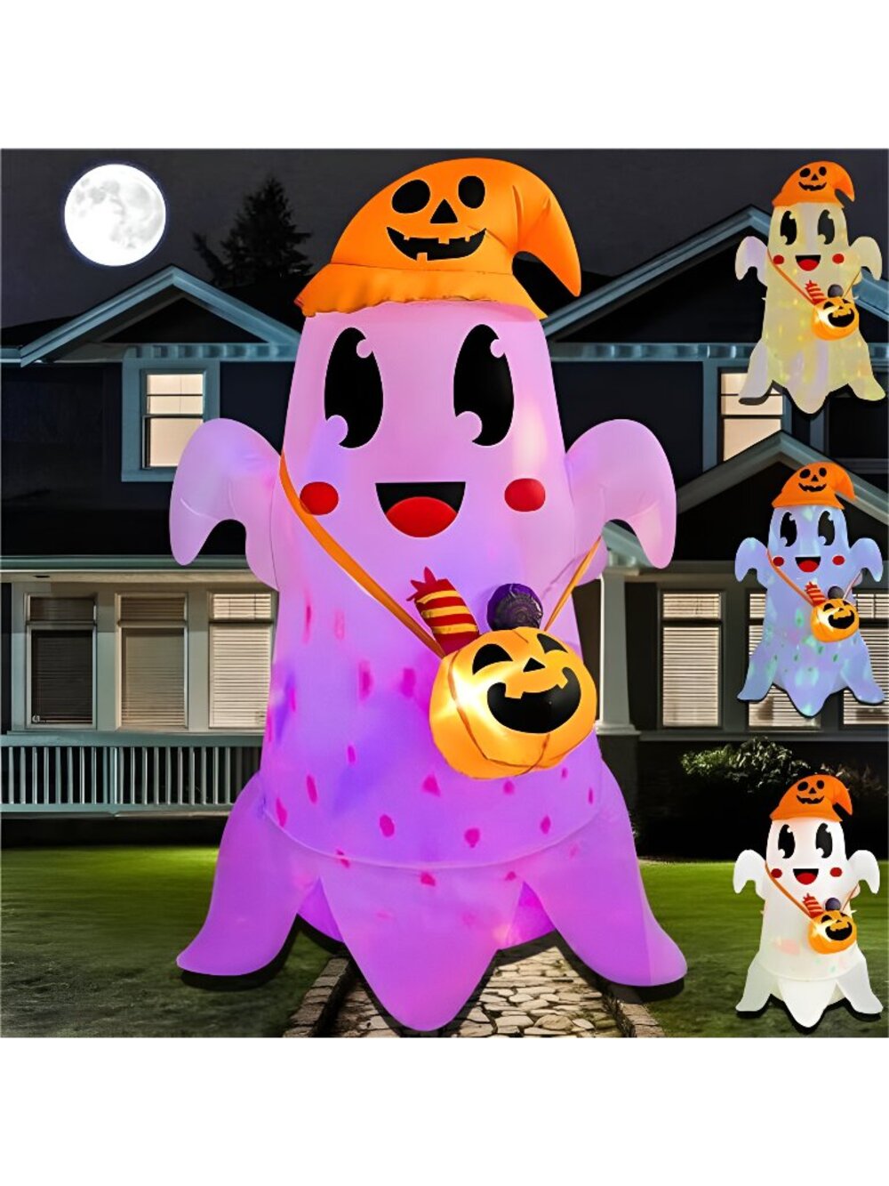 5FT Halloween Inflatable Cute Ghost with Witch Hat Carrying Pumpkin Candy Can